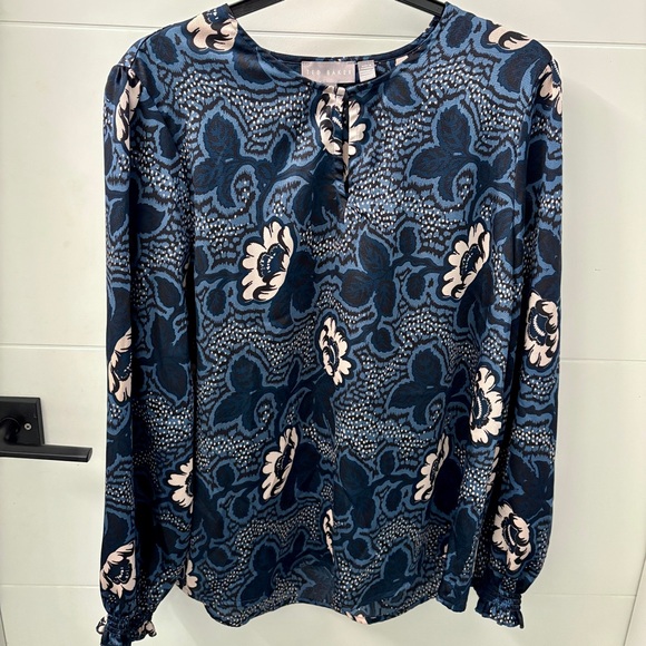 Ted Baker Tops - Ted Baker Navy Blue Floral Long-Sleeve Blouse with Keyhole Neckline